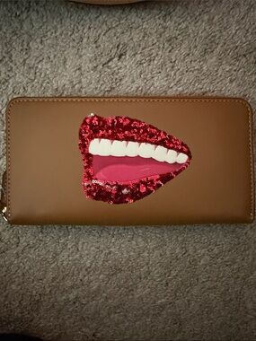 Coach Brown Wallet with Red Sequin Lip Applique